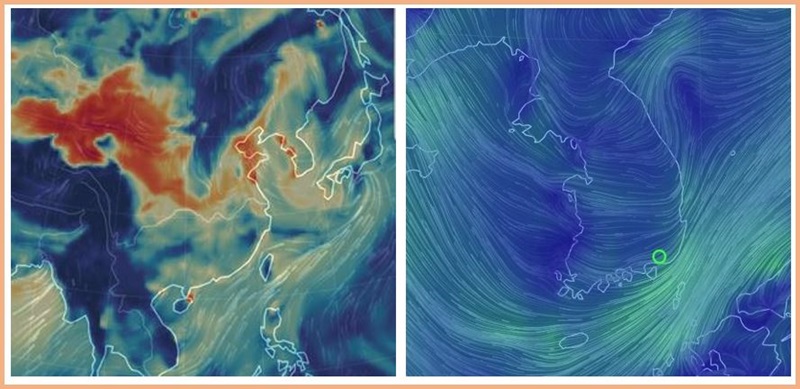 Izquierda, corrientes de viento moviendo el polvo fino (en color anaranjado). Derecha, detalle de Corea del sur y el movimiento del aire. | Captura de la página web de Earth Nullschool